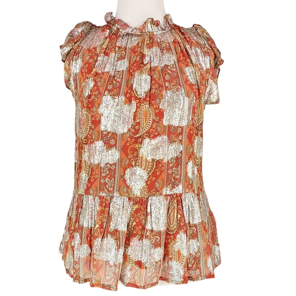ANTHROPOLOGIE LETMEBE NWT Vanna Shimmer Paisley Blouse w/ Silver Metallic Size 2